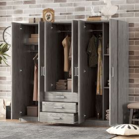 6-Doors Wooden Wardrobe Storage for Bedroom, with Big Drawers, Gray