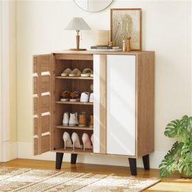 29.5" Farmhouse Shoe Cabinet (Natural+White) - 4-Tier Shelves, 3 Adjustable Layers with 9 Height Settings