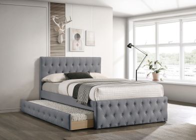 Contemporary Full Size Bed w/ Trundle Slats Light Grey Burlap Upholstered Button Tufted Headboard Footboard Youth Bedroom Furniture wooden Slats
